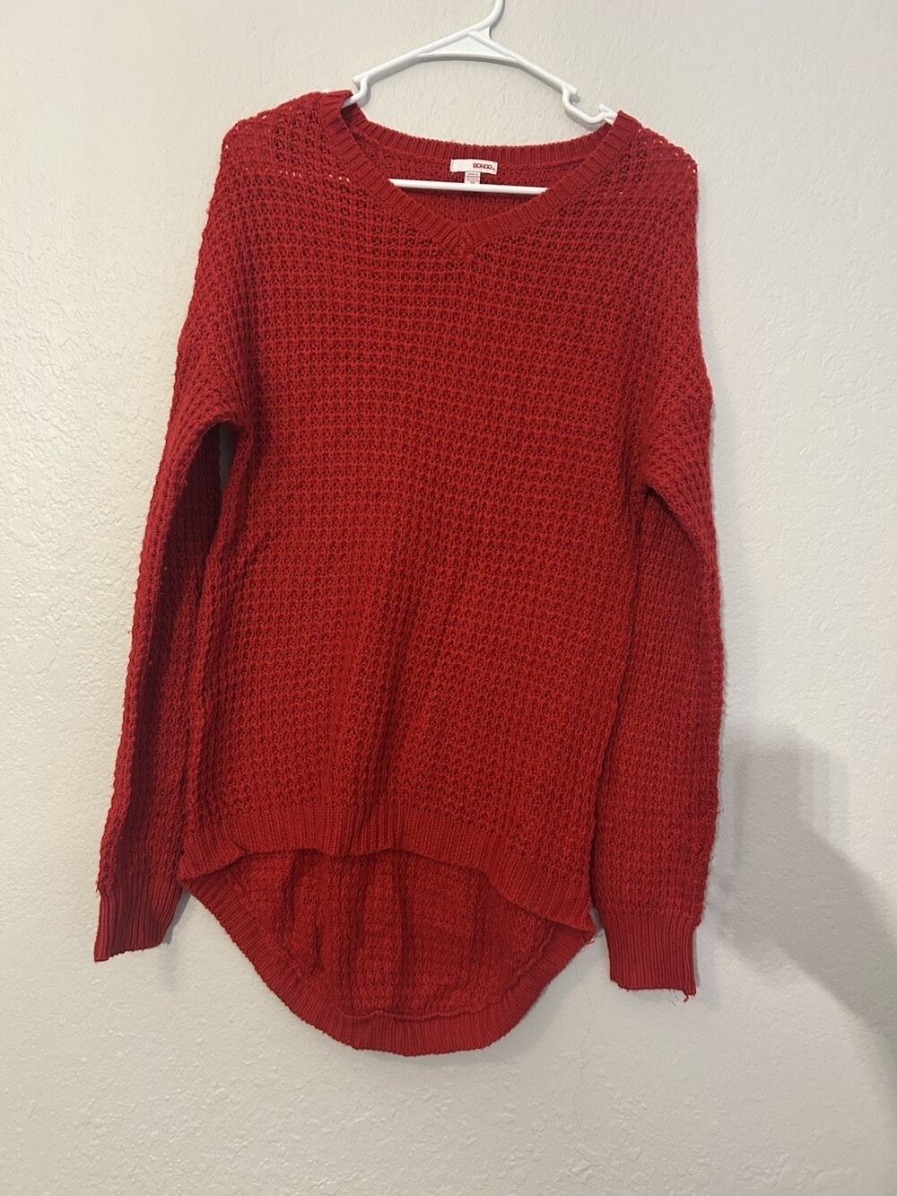 Bongo Women's Red Open-Knit Crew Neck Long Sleeve Pullover Sweater M